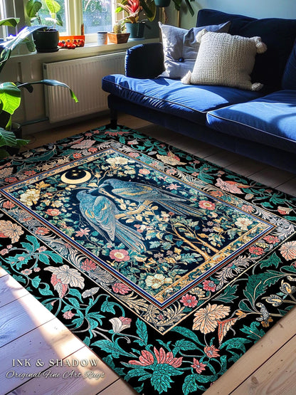 Witchy Mystic Crowcore Celestial Rug | Scandinavian Fairytale Cozy Home Accent Raven Symbolism Gothic Bedroom Mystical Room Forest Inspired