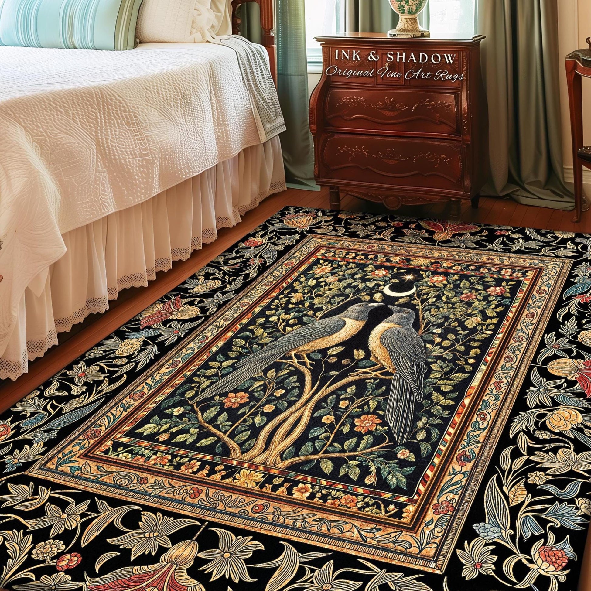 Botanical Moonlight Raven Accent Rug | Enchanted Celestial Golden Baroque Garden Crowcore Decor Dark Gothic Romance Whimsical Forest Art Rug