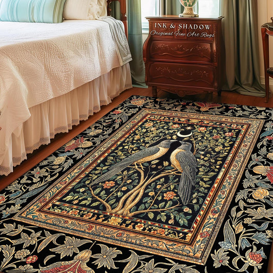 Botanical Moonlight Raven Accent Rug | Enchanted Celestial Golden Baroque Garden Crowcore Decor Dark Gothic Romance Whimsical Forest Art Rug