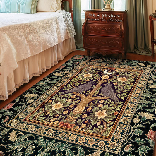 Bohemian Botanical Bird Rug | Cozy Baroque Floral Decor Cottagecore Accent Rustic Victorian Style Bedroom Crowcore Autumnal Dark Fairytale