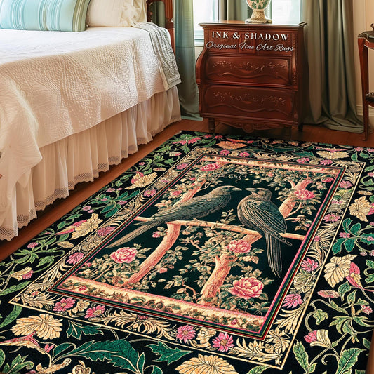 Enchanted Storybook Floral Area Rug | Cottagecore Gothic Accent Dark Academia Baroque Botanical Celestial Bedroom Mystical Maximalist Ravens