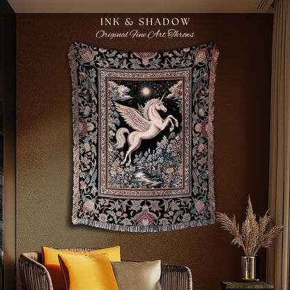 Fairytale Unicorn Fantasy Forest Tapestry | Maximalist Royalcore Decor Pink Castle Theme Gothic Bedroom Pegasus Baroque Throw Blanket Woven