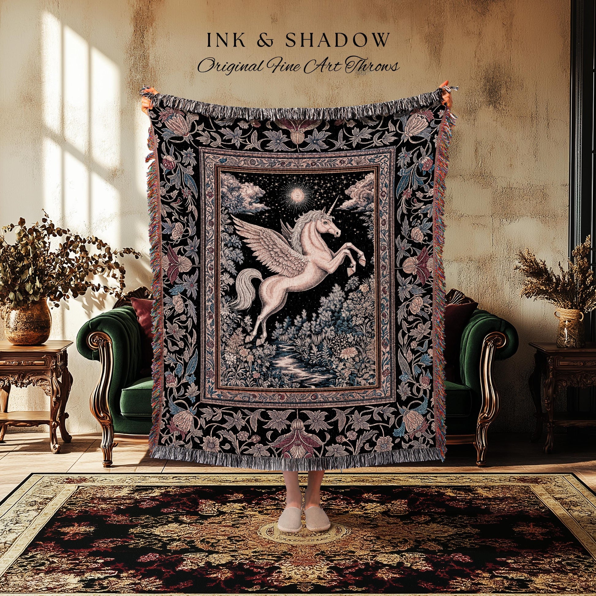 Fairytale Unicorn Fantasy Forest Tapestry | Maximalist Royalcore Decor Pink Castle Theme Gothic Bedroom Pegasus Baroque Throw Blanket Woven