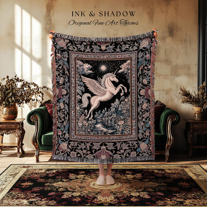 Fairytale Unicorn Fantasy Forest Tapestry | Maximalist Royalcore Decor Pink Castle Theme Gothic Bedroom Pegasus Baroque Throw Blanket Woven