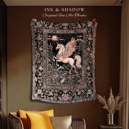 Mystical Pegasus Castlecore Throw Blanket | Coral Wing Unicorn Decor Fantasy Regal Fairytale Cottagecore Baroque Romantic Gothic Tapestry |