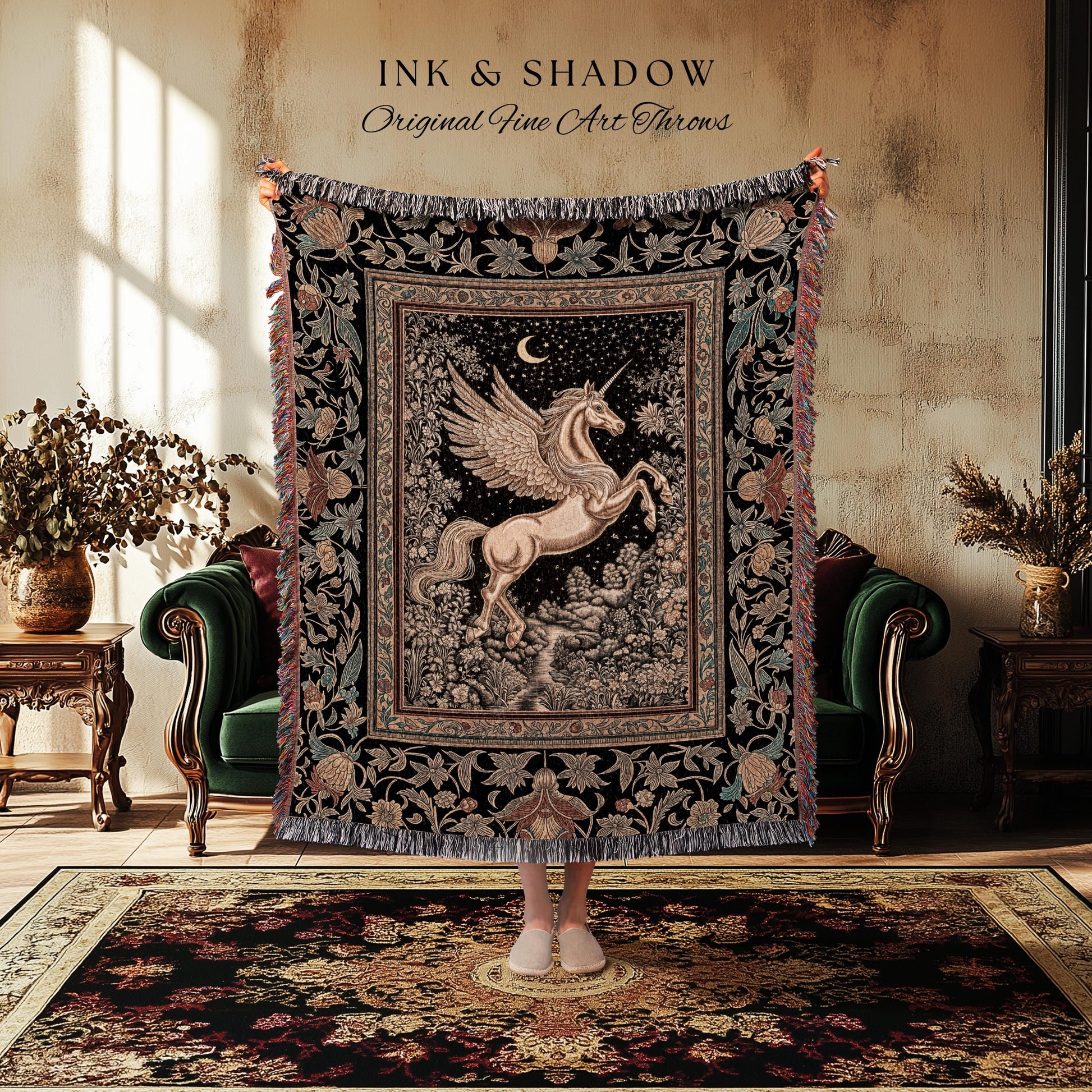 Golden Moon Regal Unicorn Tapestry | Forest Gothic Fairytale Woven Throw Blanket Pegasus Baroque Style Fantasy Decor Dreamy Cottagecore Boho