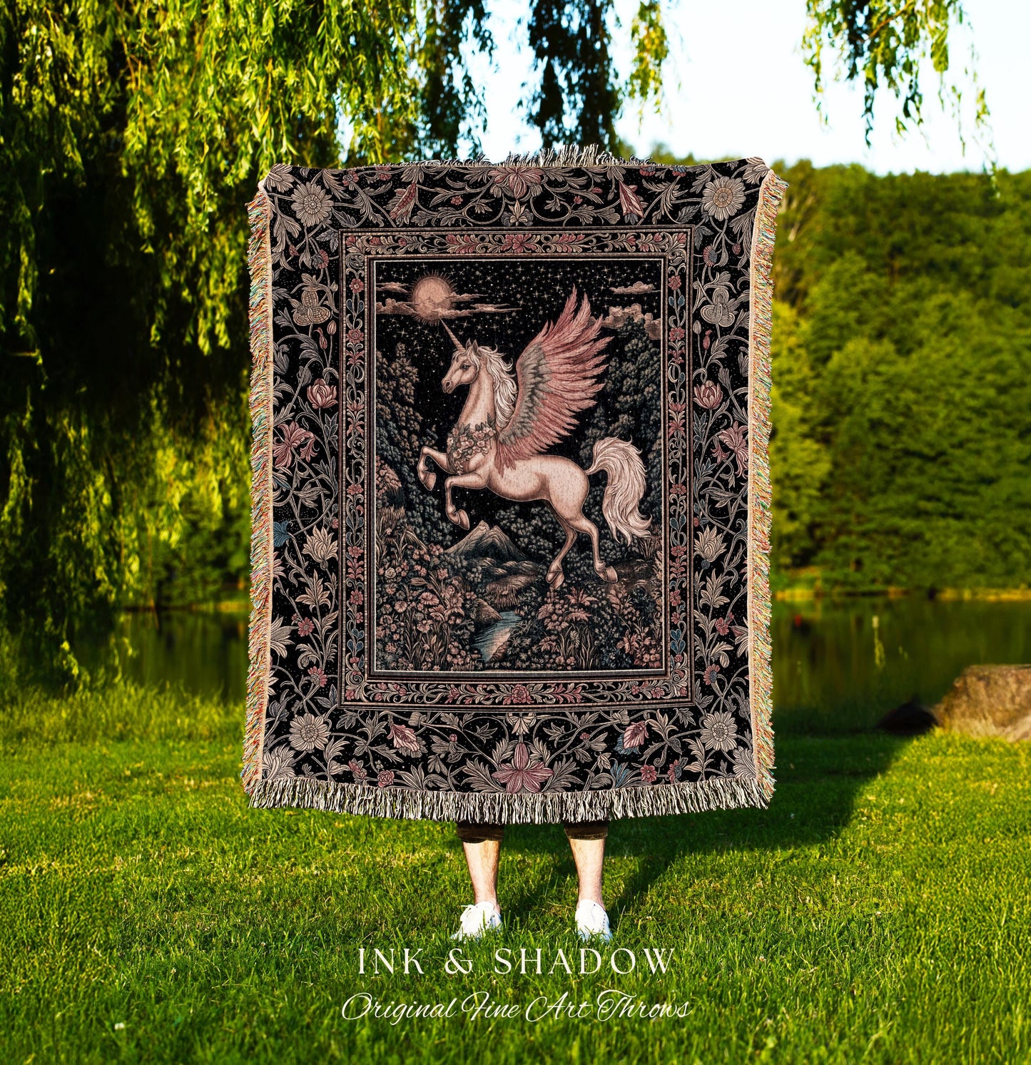 Mystical Pegasus Castlecore Throw Blanket | Coral Wing Unicorn Decor Fantasy Regal Fairytale Cottagecore Baroque Romantic Gothic Tapestry |