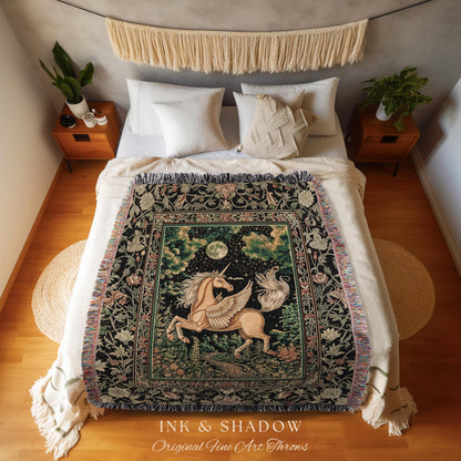 Celestial Pegasus Unicorn Forest Tapestry | Baroque Decor Romantic Maximalist Fairytale Cottagecore Style Whimsical Castlecore Throw Blanket