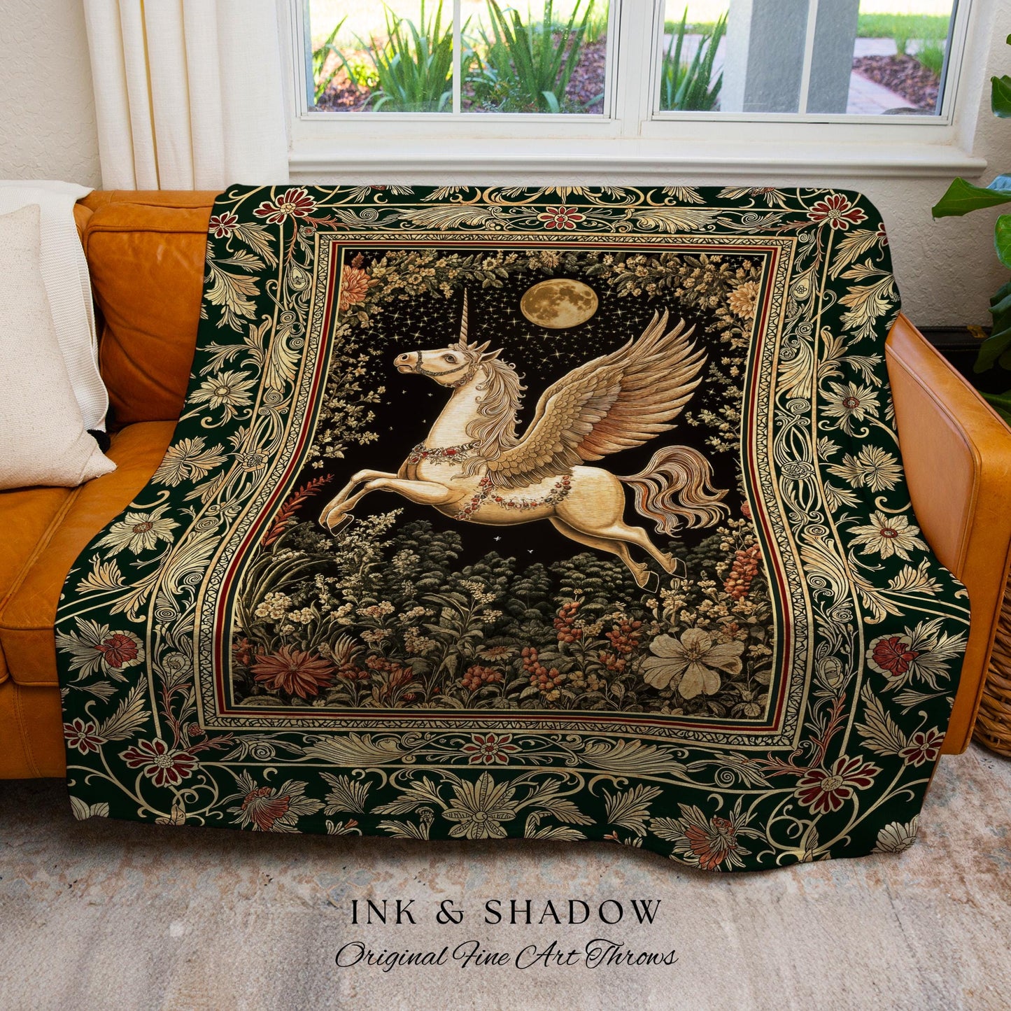 Baroque Flying Unicorn Throw Blanket | Enchanted Forest Pegasus Fairytale Decor Castle Aesthetic Maximalist Regal Tapestry Fantasy Gothic |