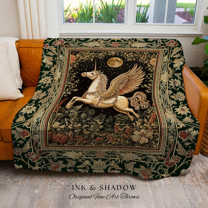 Baroque Flying Unicorn Throw Blanket | Enchanted Forest Pegasus Fairytale Decor Castle Aesthetic Maximalist Regal Tapestry Fantasy Gothic |