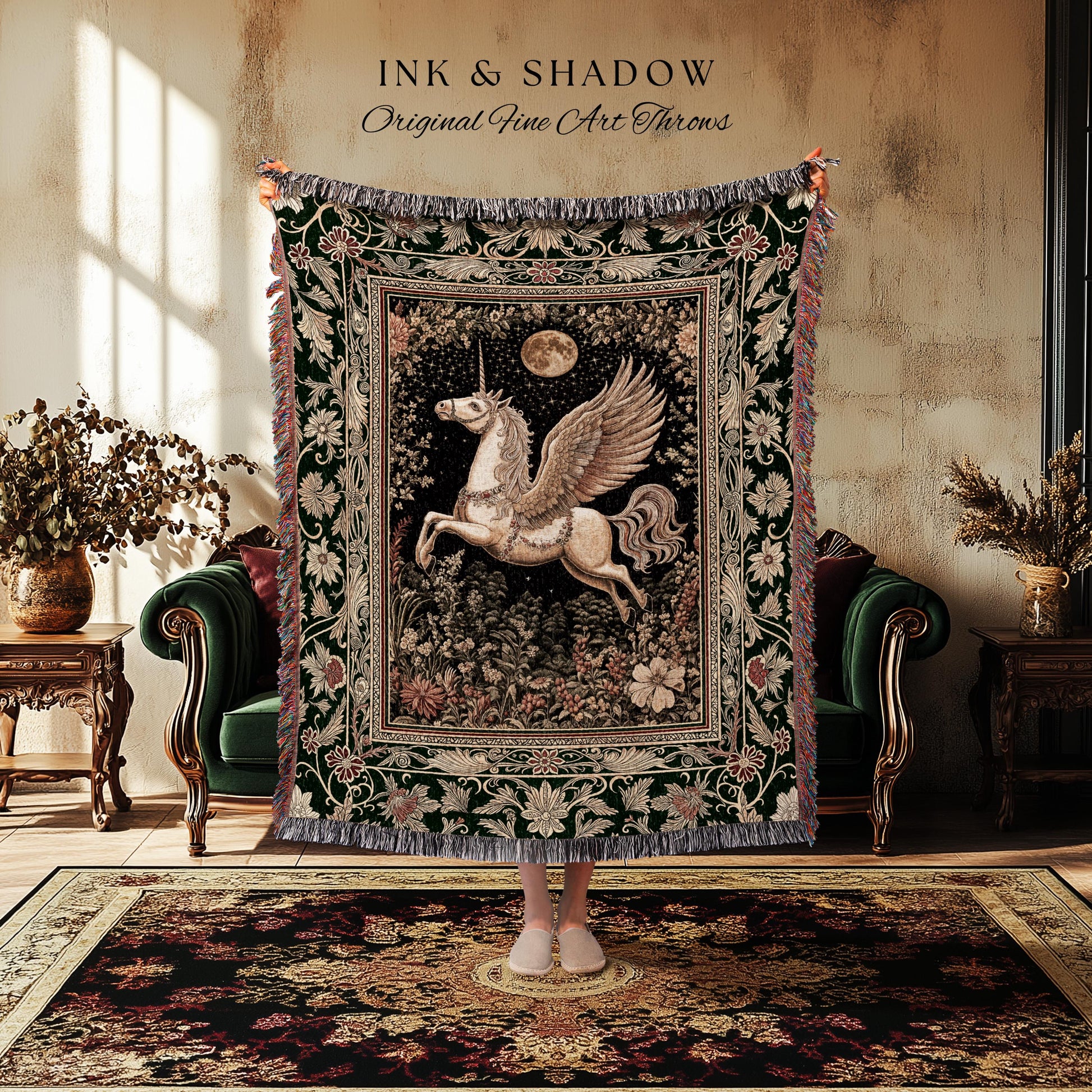Baroque Flying Unicorn Throw Blanket | Enchanted Forest Pegasus Fairytale Decor Castle Aesthetic Maximalist Regal Tapestry Fantasy Gothic |
