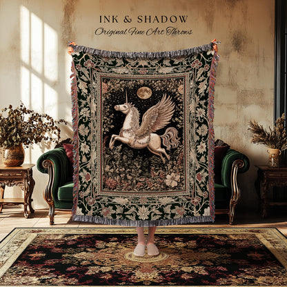 Baroque Flying Unicorn Throw Blanket | Enchanted Forest Pegasus Fairytale Decor Castle Aesthetic Maximalist Regal Tapestry Fantasy Gothic |