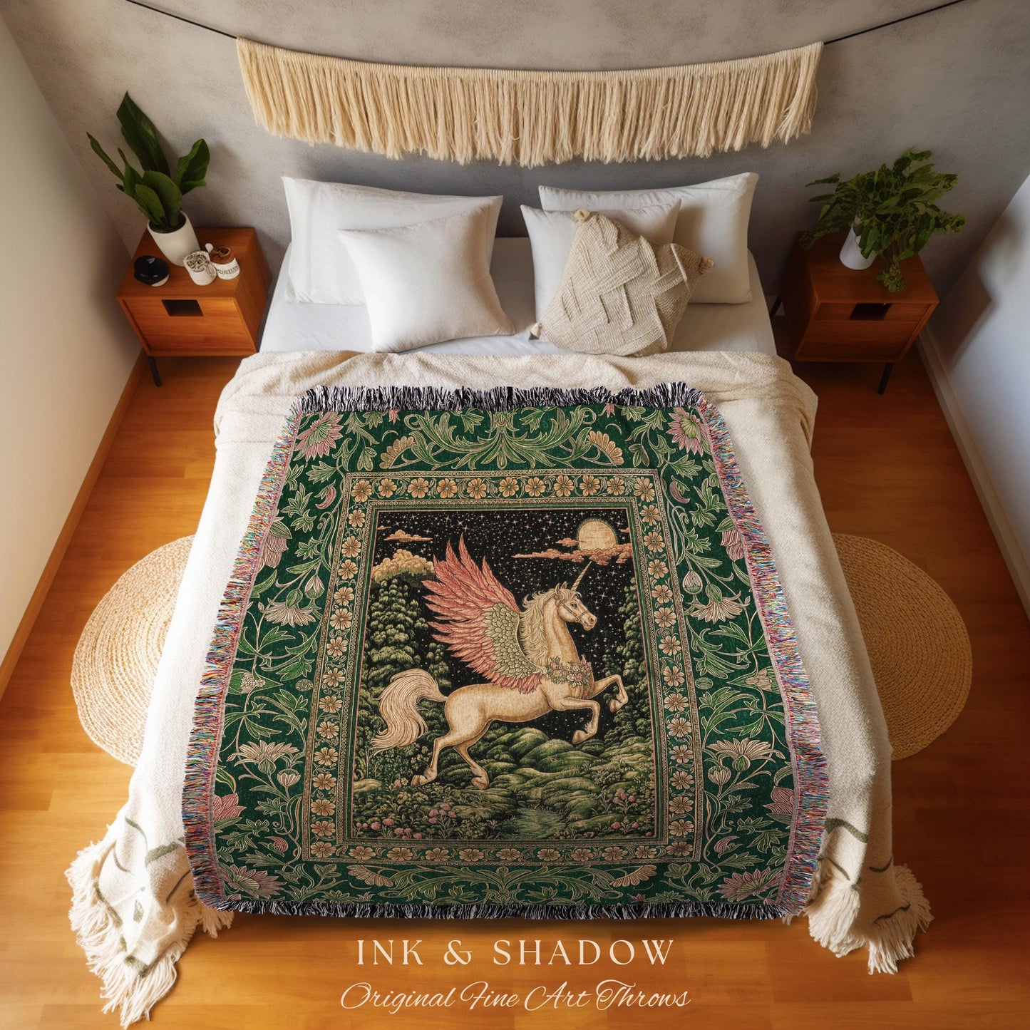 Verdant Landscape Celestial Unicorn Blanket | Fairytale Forest Decor Castlecore Maximalist Romantic Baroque Pegasus Fantasy Woven Tapestry |