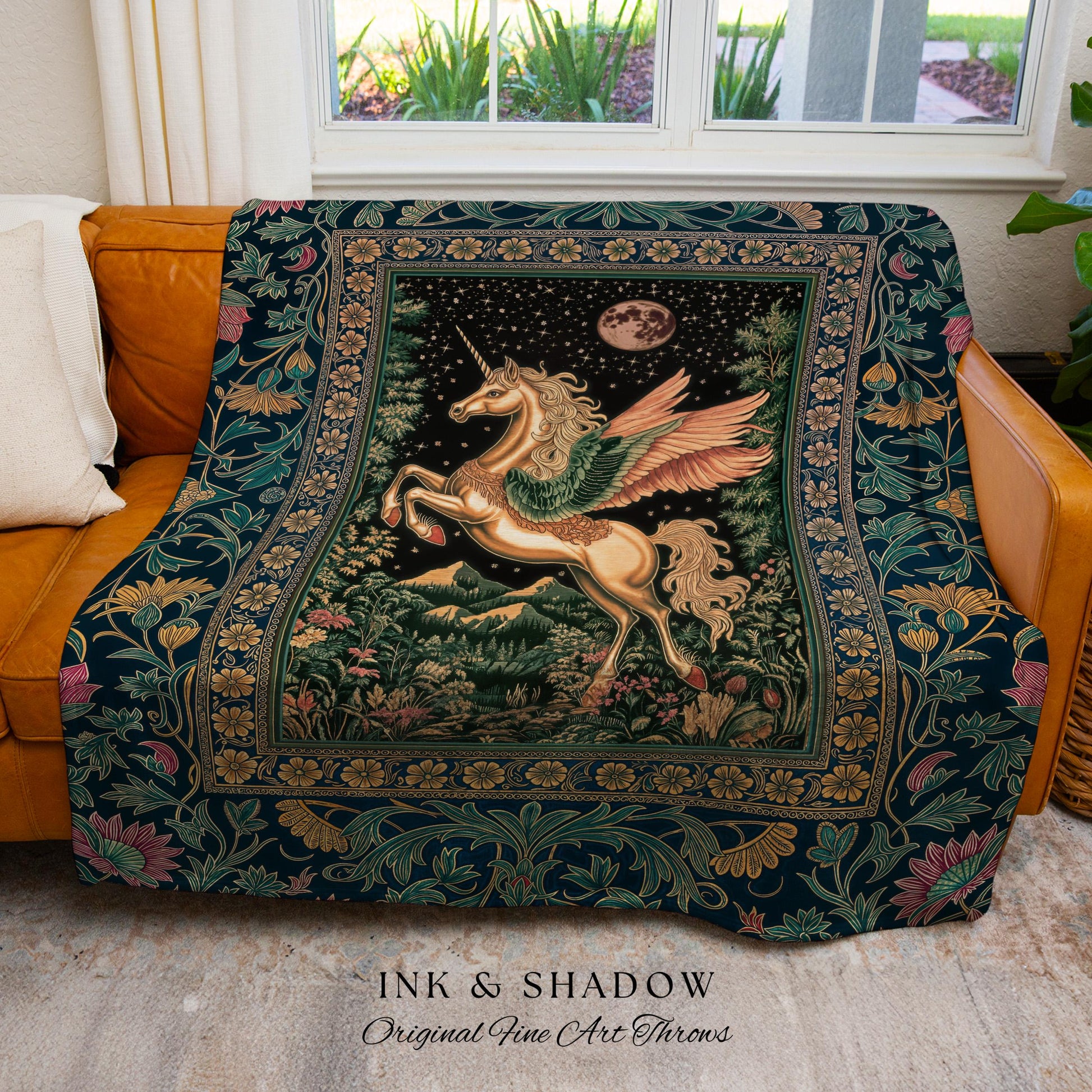 Winged Unicorn Full Moon Fantasy Tapestry | Enchanted Forest Fairytale Decor Baroque Regal Castlecore Romantic Maximalist Throw Blanket Goth