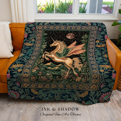 Winged Unicorn Full Moon Fantasy Tapestry | Enchanted Forest Fairytale Decor Baroque Regal Castlecore Romantic Maximalist Throw Blanket Goth