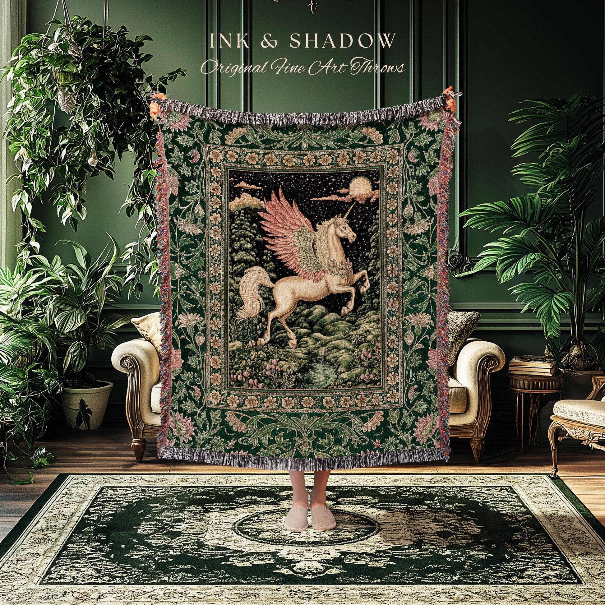 Verdant Landscape Celestial Unicorn Blanket | Fairytale Forest Decor Castlecore Maximalist Romantic Baroque Pegasus Fantasy Woven Tapestry |