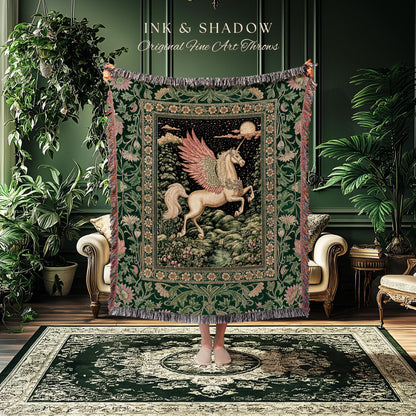 Verdant Landscape Celestial Unicorn Blanket | Fairytale Forest Decor Castlecore Maximalist Romantic Baroque Pegasus Fantasy Woven Tapestry |