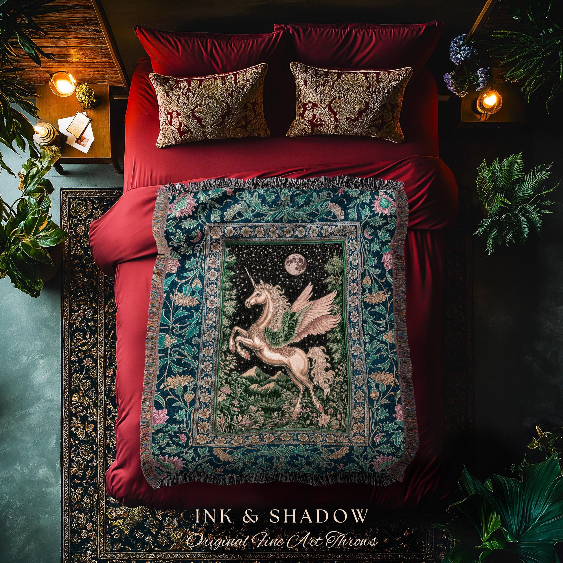 Winged Unicorn Full Moon Fantasy Tapestry | Enchanted Forest Fairytale Decor Baroque Regal Castlecore Romantic Maximalist Throw Blanket Goth