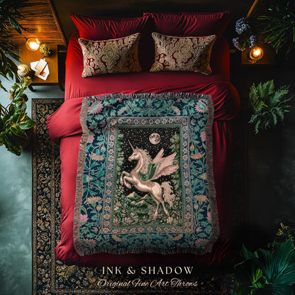 Winged Unicorn Full Moon Fantasy Tapestry | Enchanted Forest Fairytale Decor Baroque Regal Castlecore Romantic Maximalist Throw Blanket Goth