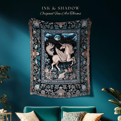 Starlit Blue Pegasus Ethereal Throw | Mystical Castlecore Decor Fairytale Baroque Woven Tapestry Blanket Regal Fantasy Moonlight Forest |