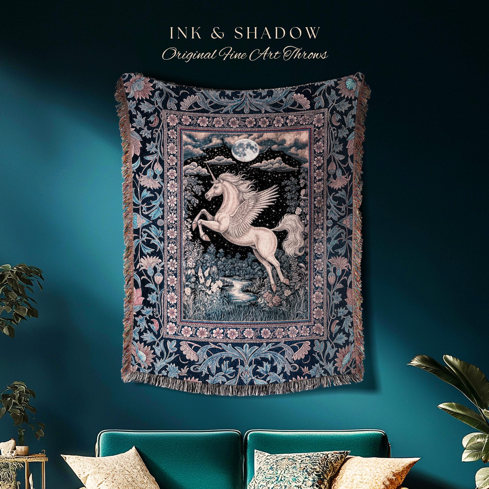 Pastel Dreamy Whimsical Unicorn Tapestry | Mystical Full Moon Fantasy Decor Baroque Fairytale Throw Blanket Regal Pegasus Castlecore Woven |