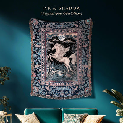 Pastel Dreamy Whimsical Unicorn Tapestry | Mystical Full Moon Fantasy Decor Baroque Fairytale Throw Blanket Regal Pegasus Castlecore Woven |