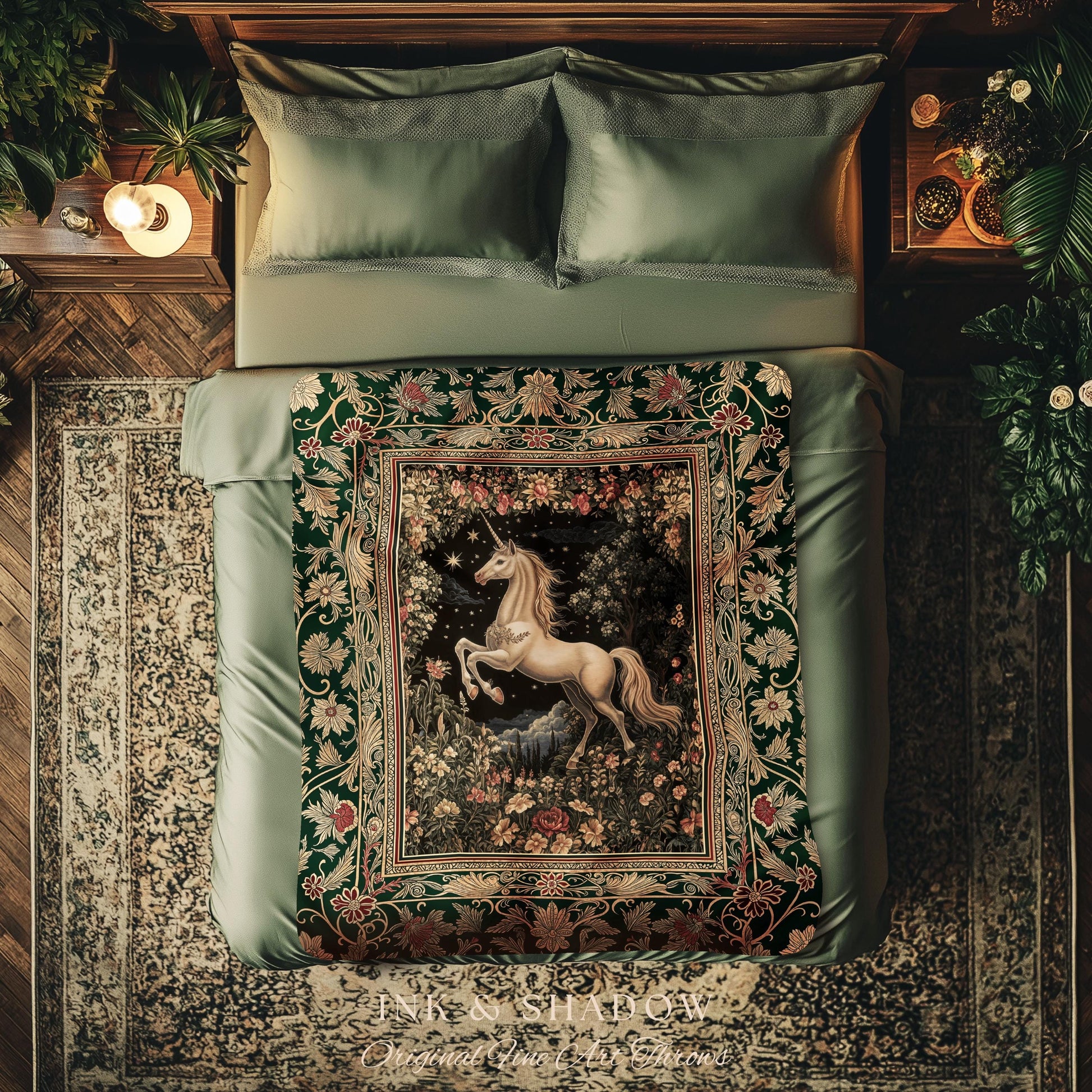 Medieval Fantasy Unicorn Woven Tapestry | Floral Fairytale Pegasus Decor Castlecore Romantic Baroque Style Mystical Forest Gothic Blanket |
