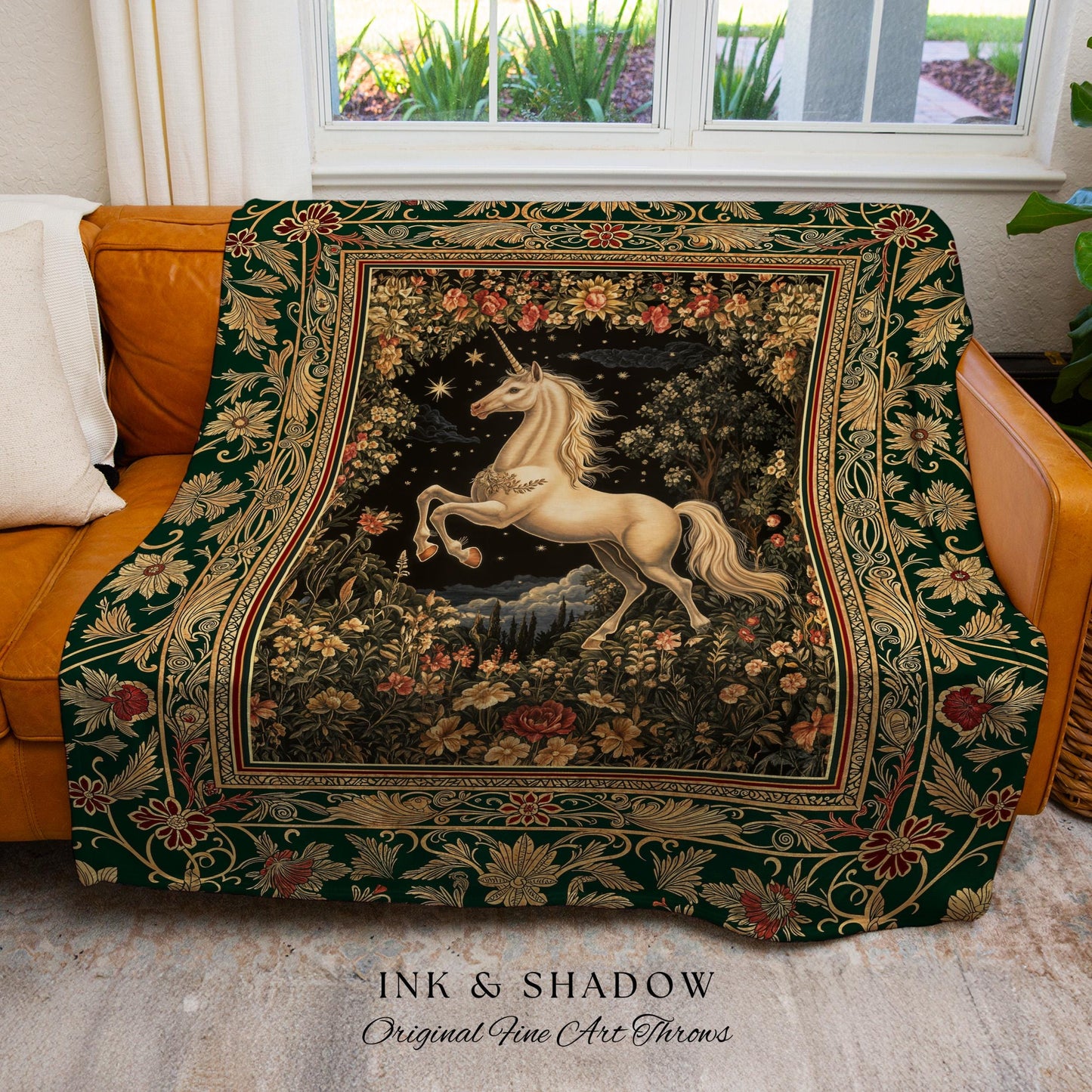 Medieval Fantasy Unicorn Woven Tapestry | Floral Fairytale Pegasus Decor Castlecore Romantic Baroque Style Mystical Forest Gothic Blanket |