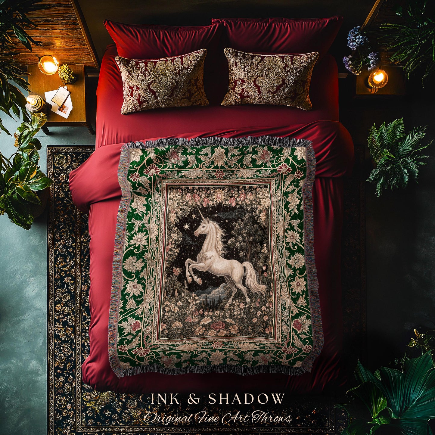 Medieval Fantasy Unicorn Woven Tapestry | Floral Fairytale Pegasus Decor Castlecore Romantic Baroque Style Mystical Forest Gothic Blanket |