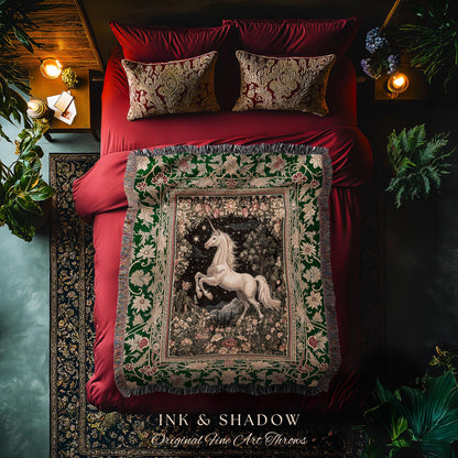Medieval Fantasy Unicorn Woven Tapestry | Floral Fairytale Pegasus Decor Castlecore Romantic Baroque Style Mystical Forest Gothic Blanket |
