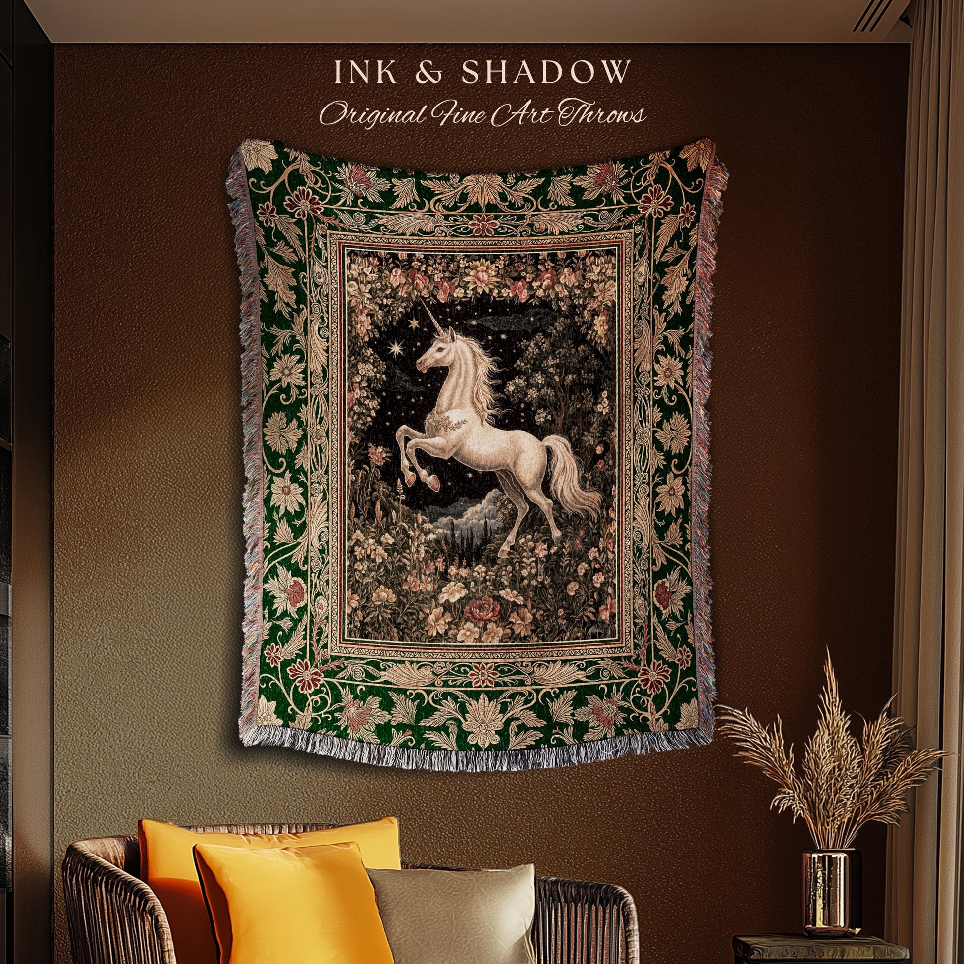Medieval Fantasy Unicorn Woven Tapestry | Floral Fairytale Pegasus Decor Castlecore Romantic Baroque Style Mystical Forest Gothic Blanket |