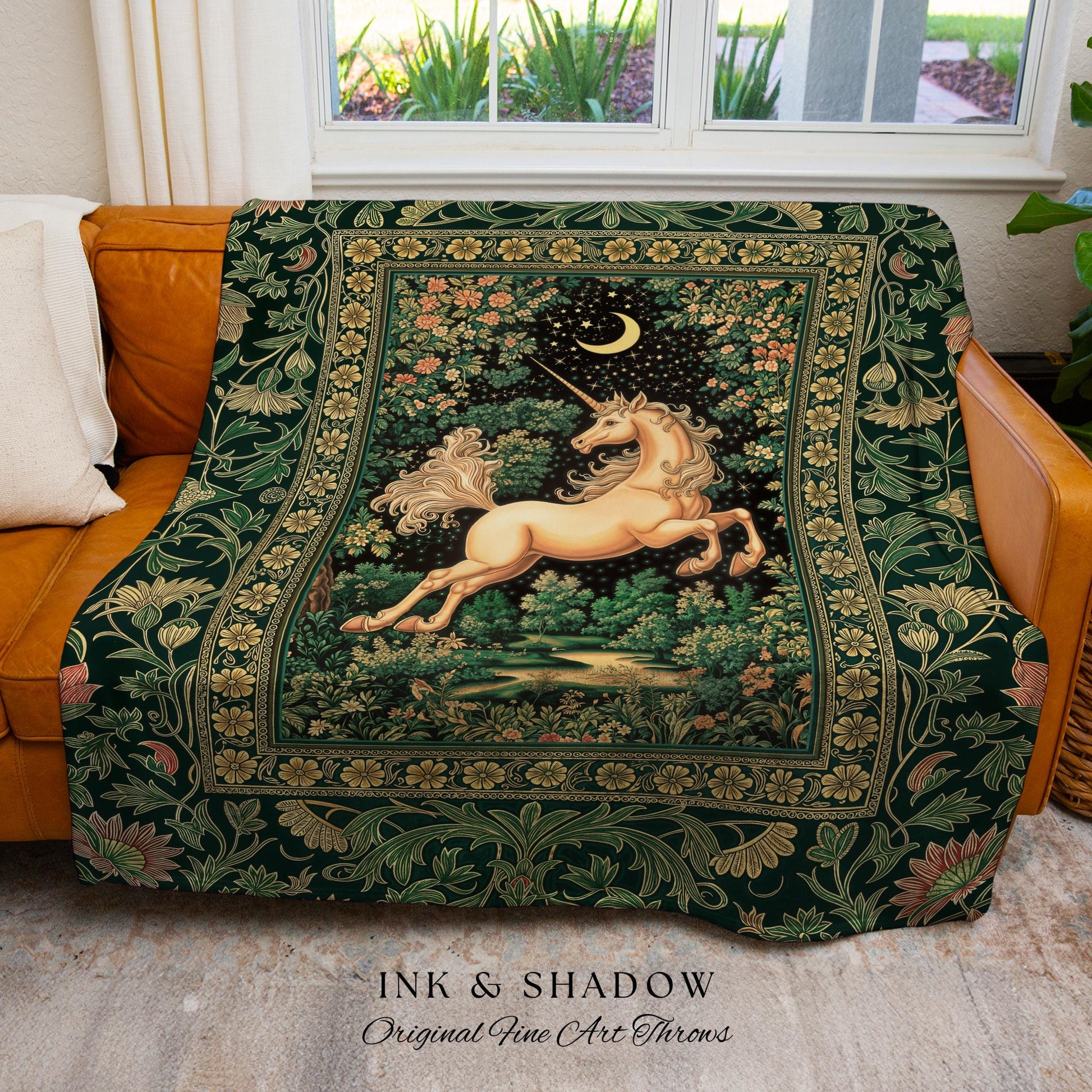Magic Garden Unicorn Aesthetic Blanket | Crescent Moon Cottagecore Pegasus Regal Decor Forest Baroque Tapestry Castlecore Romantic Mystical
