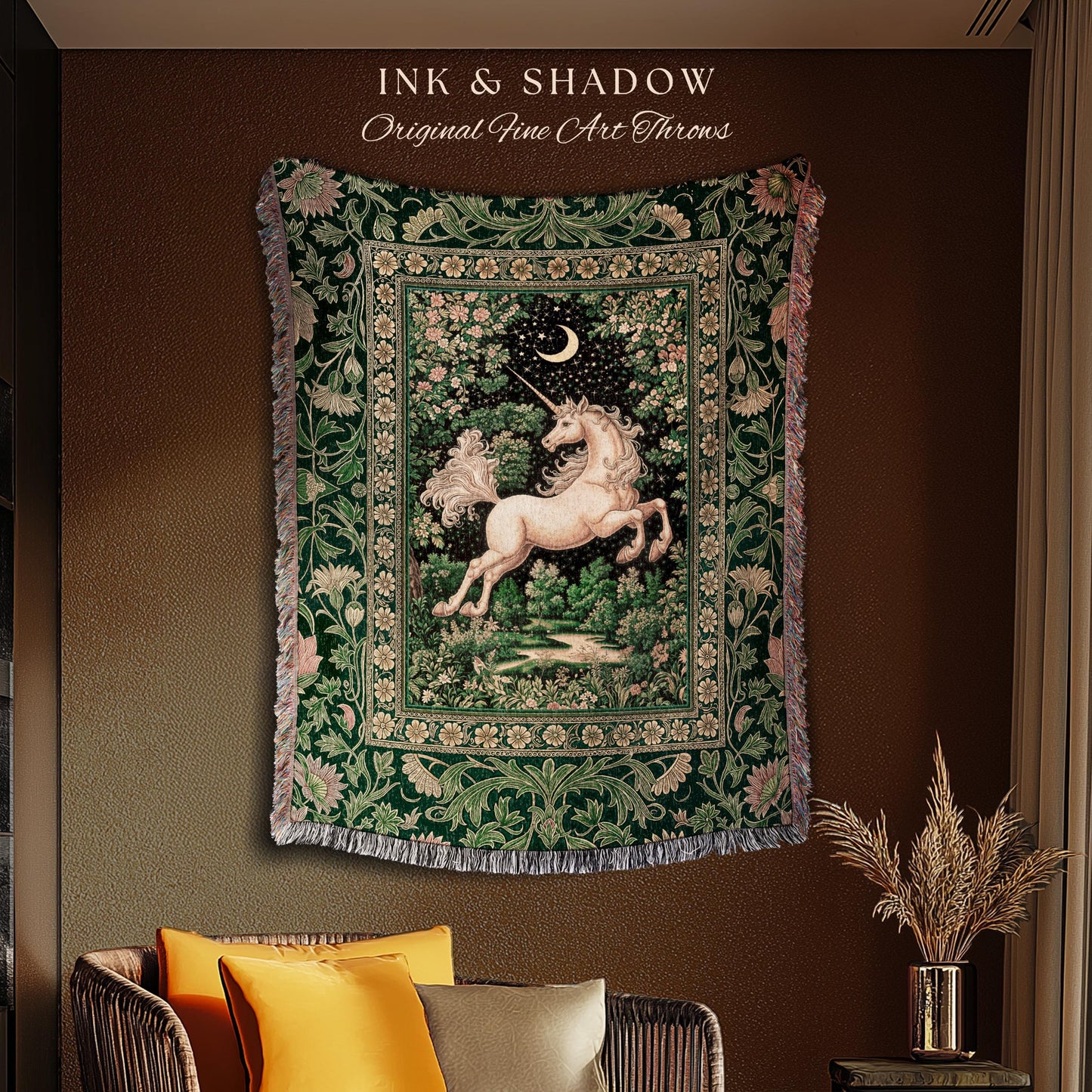 Magic Garden Unicorn Aesthetic Blanket | Crescent Moon Cottagecore Pegasus Regal Decor Forest Baroque Tapestry Castlecore Romantic Mystical