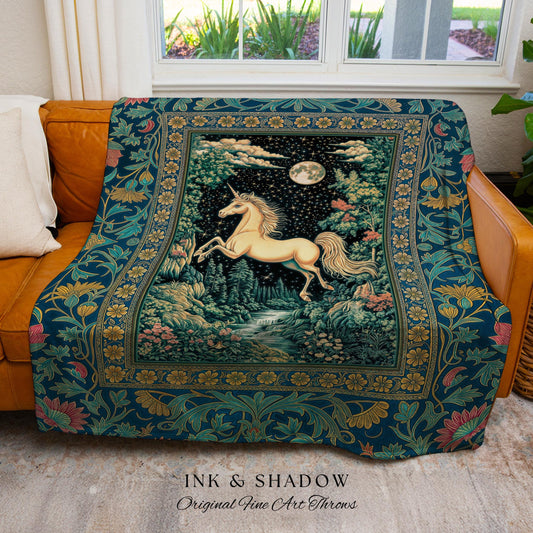Unicorn Meadow Magical Aesthetic Throw | Castlecore Forest Fantasy Decor Fairytale Accent Regal Mystical Baroque Tapestry Regency Style Boho