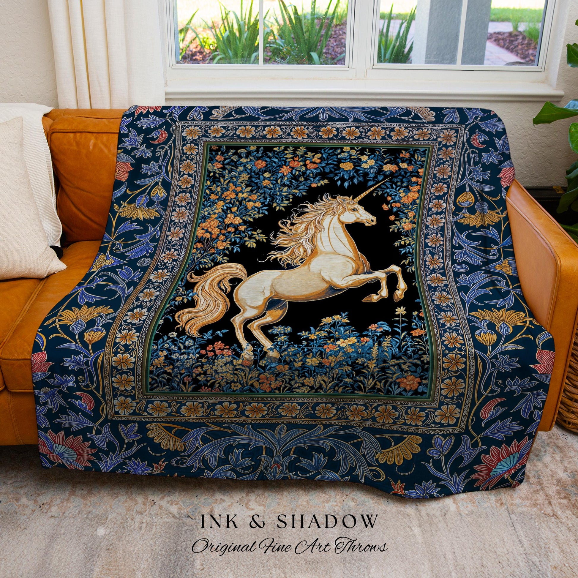 Twilight Floral Ornate Unicorn Tapestry | Blue Orange Baroque Fairytale Decor Regal Style Romantic Gothic Throw Blanket Accent Mystical |