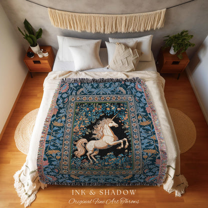 Twilight Floral Ornate Unicorn Tapestry | Blue Orange Baroque Fairytale Decor Regal Style Romantic Gothic Throw Blanket Accent Mystical |