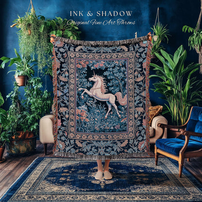 Storybook Unicorn Mystic Woven Throw | Pastel Blue Forest Pegasus Accent Fairytale Baroque Decor Romantic Tapestry Mystic Cottagecore Regal