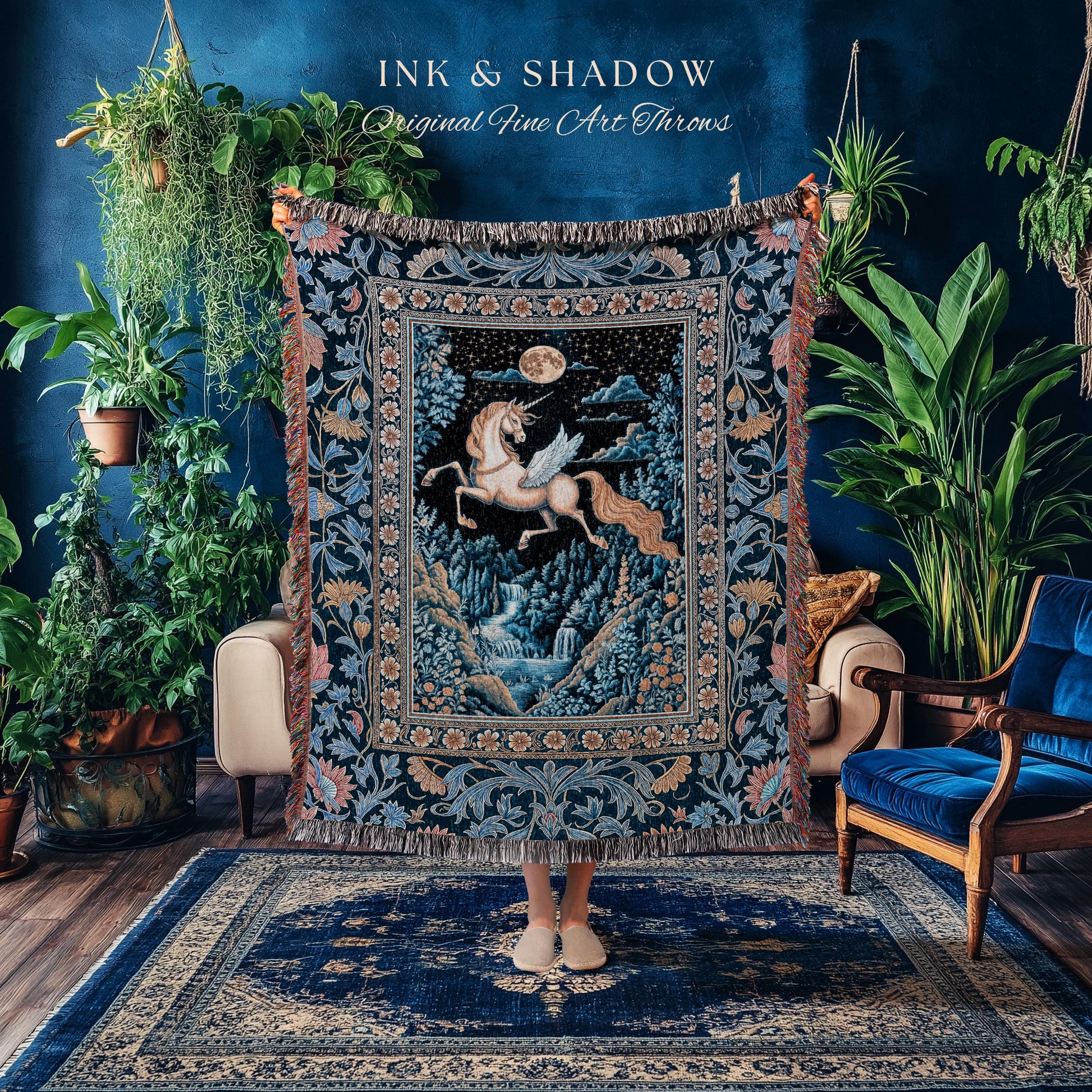 Moody Fantasy Mystic Pegasus Blanket | Enchanted Forest Landscape Midnight Sky Unicorn Decor Regal Baroque Fairytale Woven Tapestry Romantic