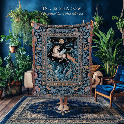 Moody Fantasy Mystic Pegasus Blanket | Enchanted Forest Landscape Midnight Sky Unicorn Decor Regal Baroque Fairytale Woven Tapestry Romantic