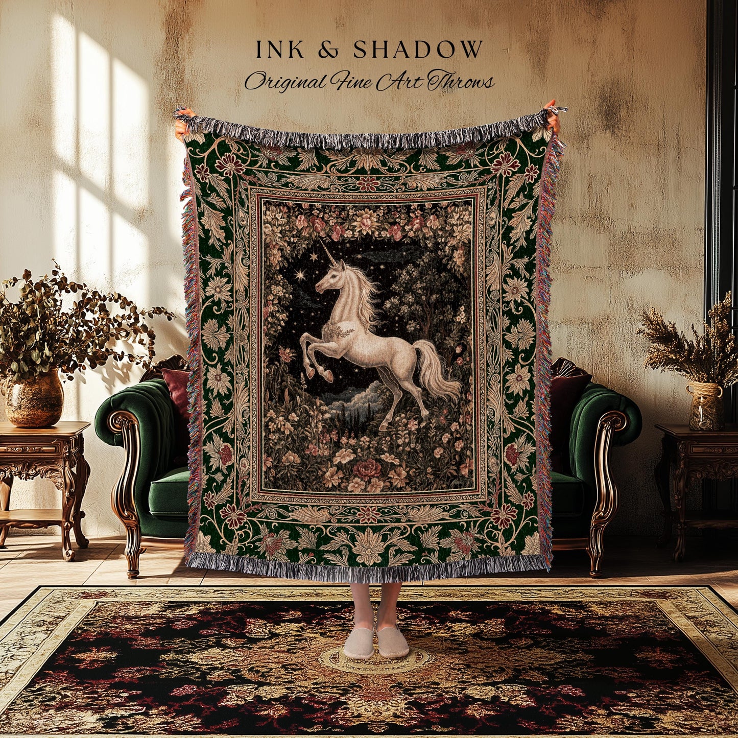 Medieval Fantasy Unicorn Woven Tapestry | Floral Fairytale Pegasus Decor Castlecore Romantic Baroque Style Mystical Forest Gothic Blanket |