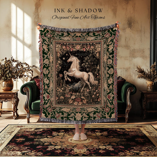 Medieval Fantasy Unicorn Woven Tapestry | Floral Fairytale Pegasus Decor Castlecore Romantic Baroque Style Mystical Forest Gothic Blanket |