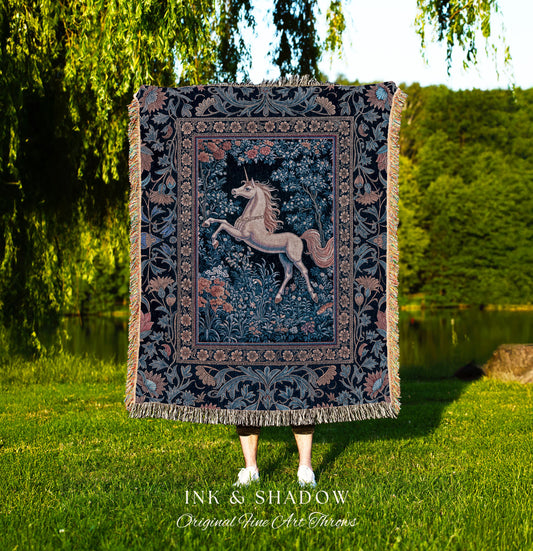 Storybook Unicorn Mystic Woven Throw | Pastel Blue Forest Pegasus Accent Fairytale Baroque Decor Romantic Tapestry Mystic Cottagecore Regal
