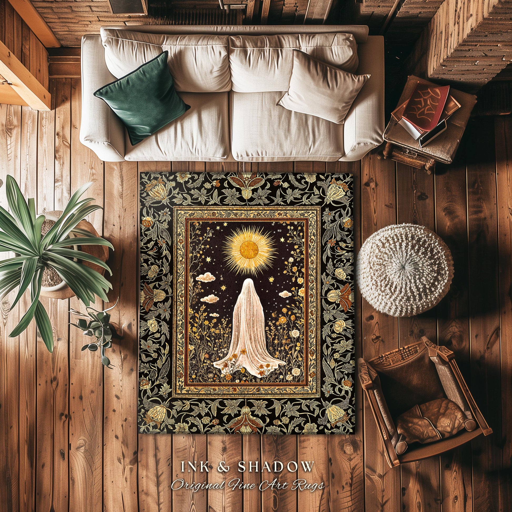 Golden Hour Mystic Ghost Rug | Autumn Floral Aesthetic Area Rug Halloween Decor Whimsigoth Cottagecore Spirit Home Decor Witchy Theme Accent