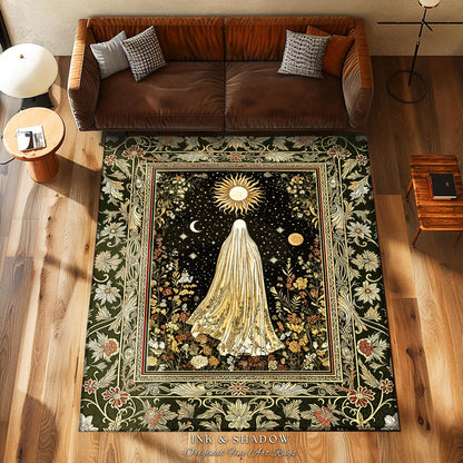 Sun Moon Spirit Ghost Accent Rug | Floral Halloween Whimsigoth Decor Cottagecore Area Rug Gothic Home Accent Spooky Season Botanical Cozy |