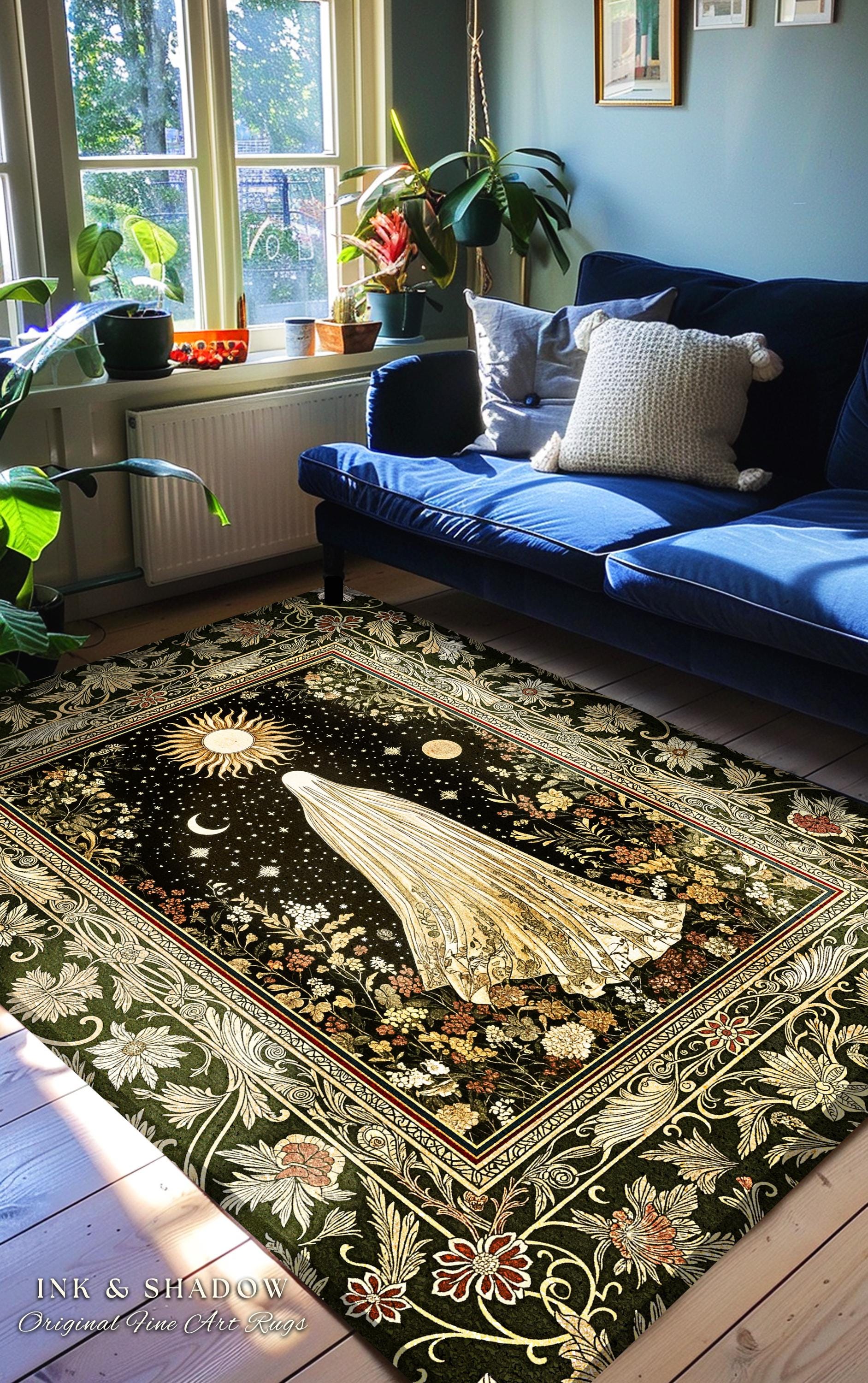 Sun Moon Spirit Ghost Accent Rug | Floral Halloween Whimsigoth Decor Cottagecore Area Rug Gothic Home Accent Spooky Season Botanical Cozy |