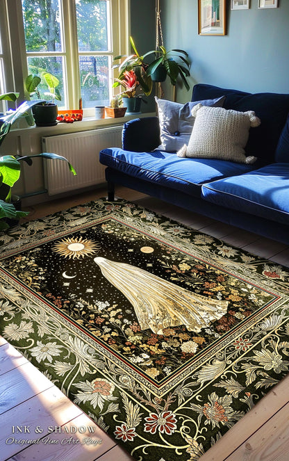 Sun Moon Spirit Ghost Accent Rug | Floral Halloween Whimsigoth Decor Cottagecore Area Rug Gothic Home Accent Spooky Season Botanical Cozy |