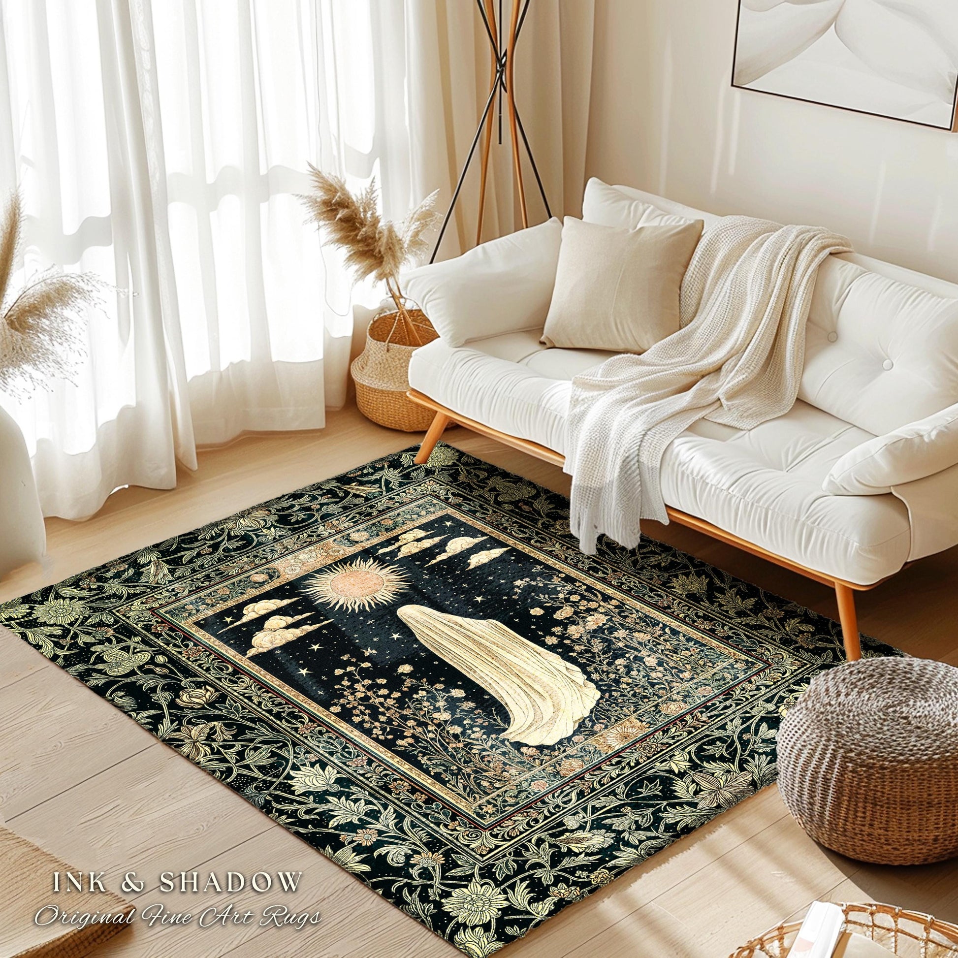 Whimsical Sky Spirit Area Rug | Ethereal Ghost Accent Halloween Floral Decor Cottagecore Whimsigoth Bohemian Botanical Dark Academia Style |