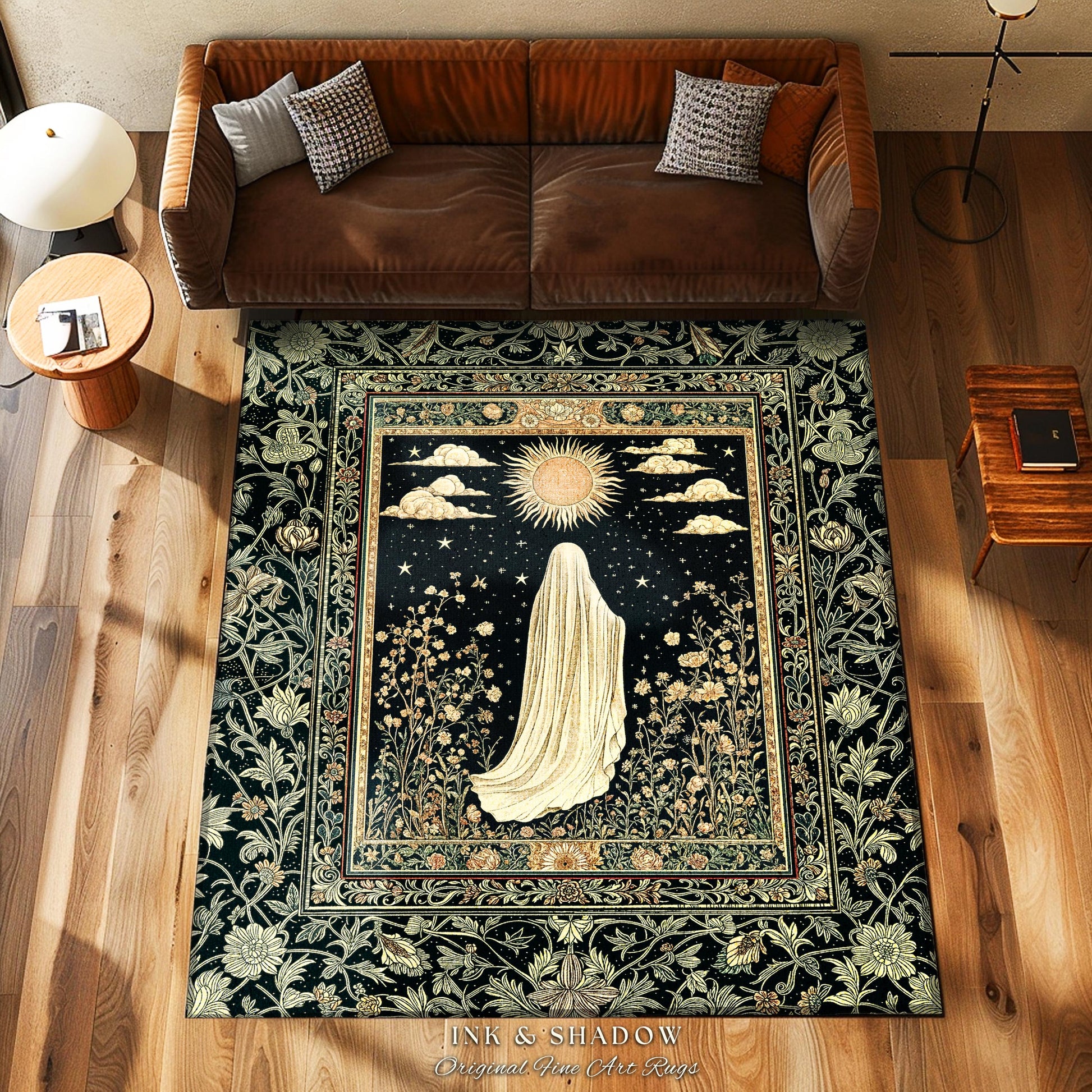 Whimsical Sky Spirit Area Rug | Ethereal Ghost Accent Halloween Floral Decor Cottagecore Whimsigoth Bohemian Botanical Dark Academia Style |