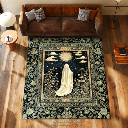 Whimsical Sky Spirit Area Rug | Ethereal Ghost Accent Halloween Floral Decor Cottagecore Whimsigoth Bohemian Botanical Dark Academia Style |