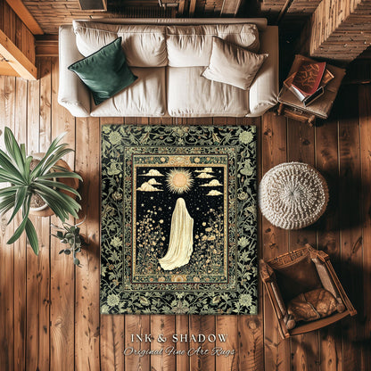 Whimsical Sky Spirit Area Rug | Ethereal Ghost Accent Halloween Floral Decor Cottagecore Whimsigoth Bohemian Botanical Dark Academia Style |